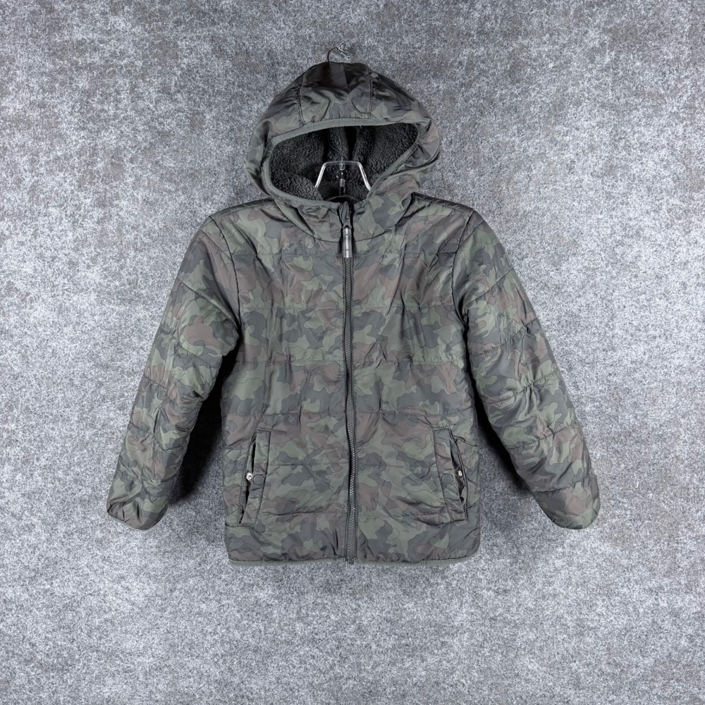 Cat & Jack Youth Medium 8 Gray Green Camo Sherpa Lined Hooded Puffer Jacket Coat
